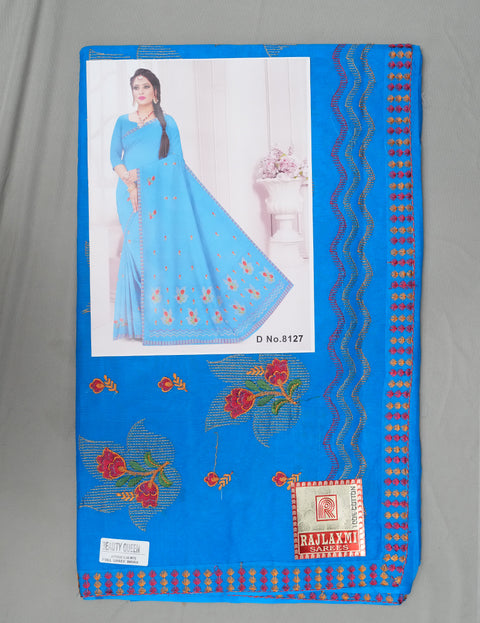 Beauty Queen Pure Cotton Embroidered Saree - Blue Color