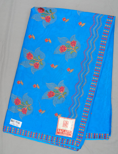 Beauty Queen Pure Cotton Embroidered Saree - Blue Color