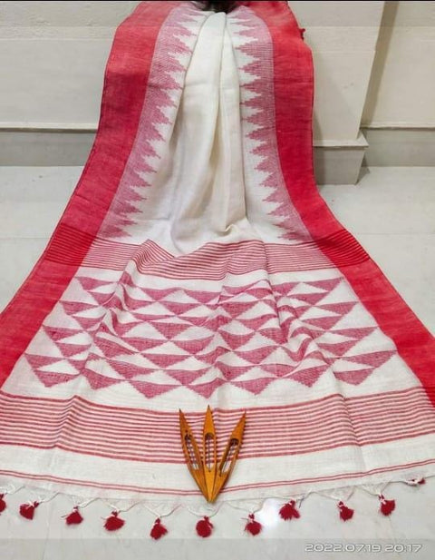 Linen Jamdani Saree with Matching Blouse Piece - White Color