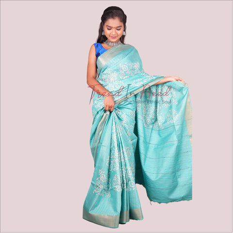 Batik Printed Cotton Silk Saree - Blue Color