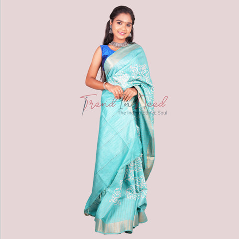 Batik Printed Cotton Silk Saree - Blue Color