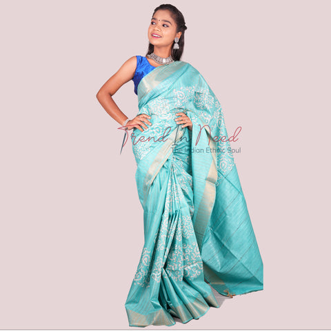 Batik Printed Cotton Silk Saree - Blue Color