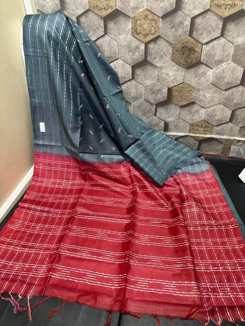 Cotton Silk All Over Stripes Woven Saree - Grey & Red