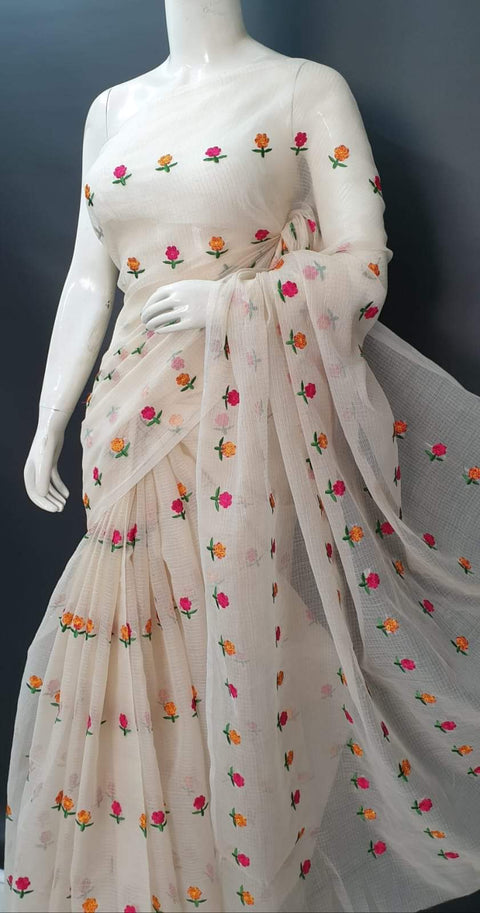 Kota Doria Embroidered Work Saree - Off White