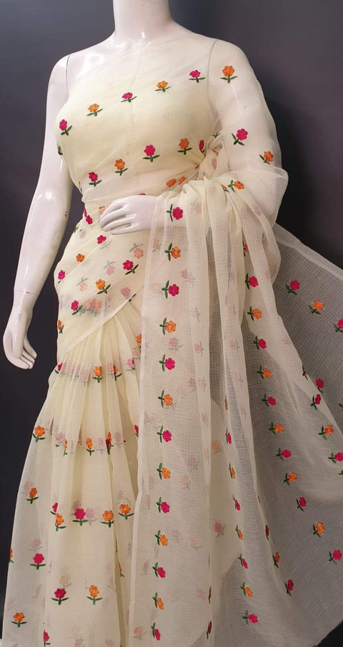 Kota Doria Embroidered Work Saree -  Cream