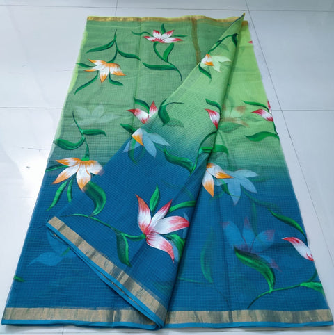 Kota Pure Cotton Painted Saree - Sea Blue & Green Color