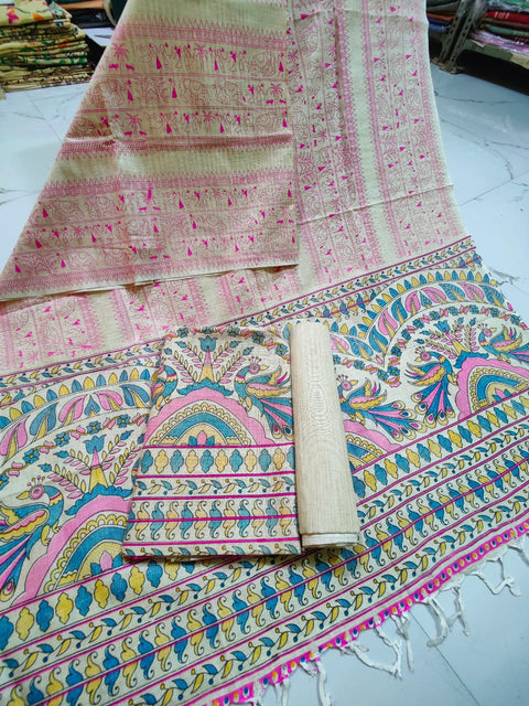 Matka Cotton Screen Printed Kalamkari Dress Material - Pink Color Design