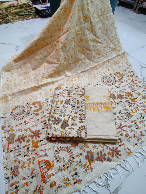 Matka Cotton Dress Material With  Screen Printed Design - Yellow Color Design