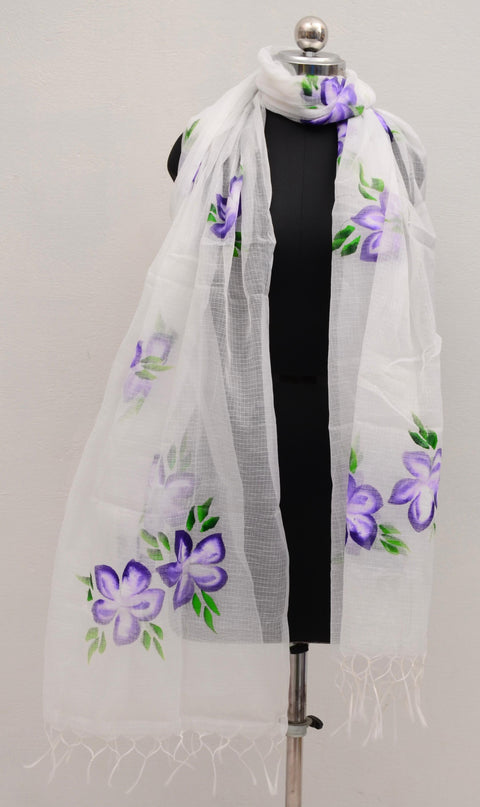 Hand Painted Kota Cotton Dupatta - Purple Floral Design