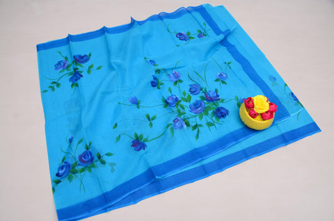Hand Painted Pure Cotton Kota Saree -  Blue Color
