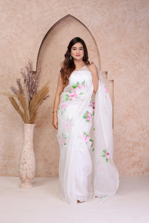 Organza Silk Saree With Hand Painted Design - White Colour