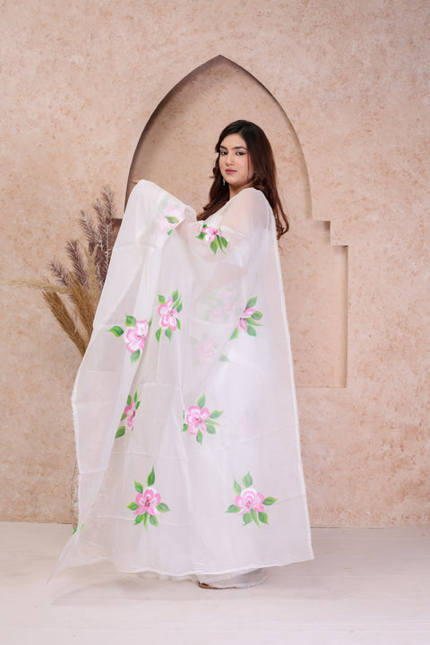 Organza Silk Saree With Hand Painted Design - White Colour