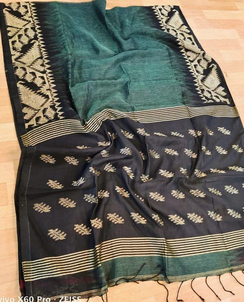 Linen Weaving Saree with Unstitched Blouse - Black and Sea Green Color Combination