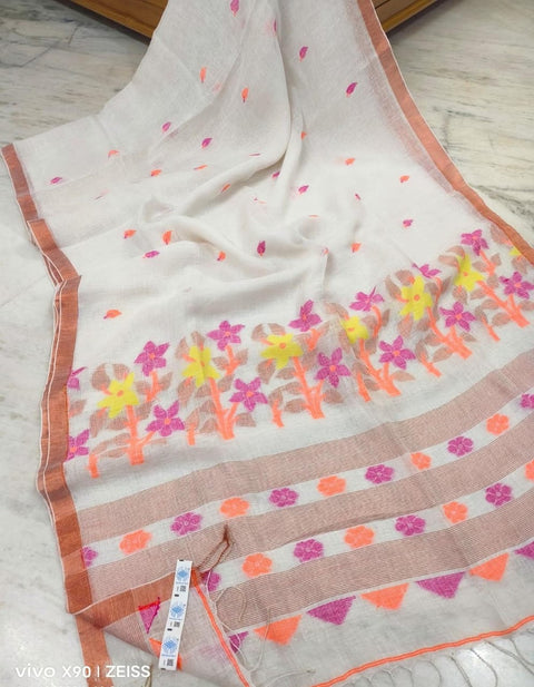 Linen Weave Saree with Matching Unstitched Blouse Piece - White Color