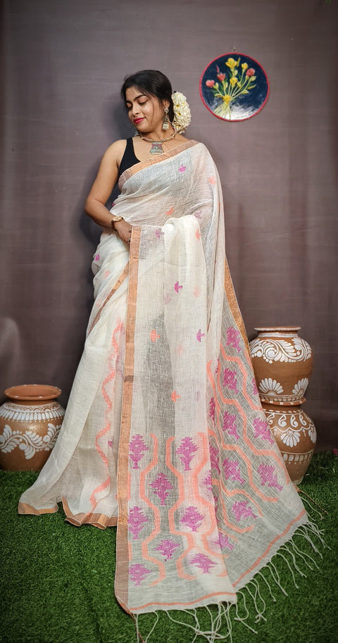 Pure Tissue Linen Silk Weaving Saree With Running Blouse - White Color