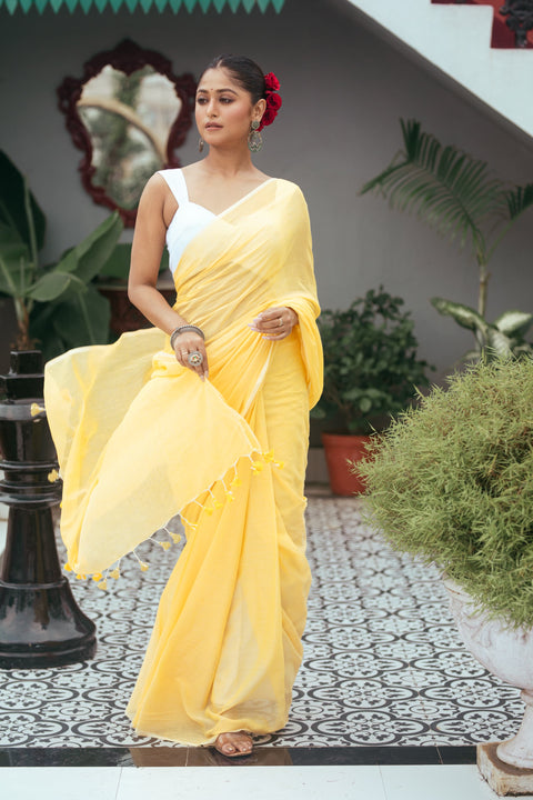 Mulmul Cotton Saree - Yellow Color