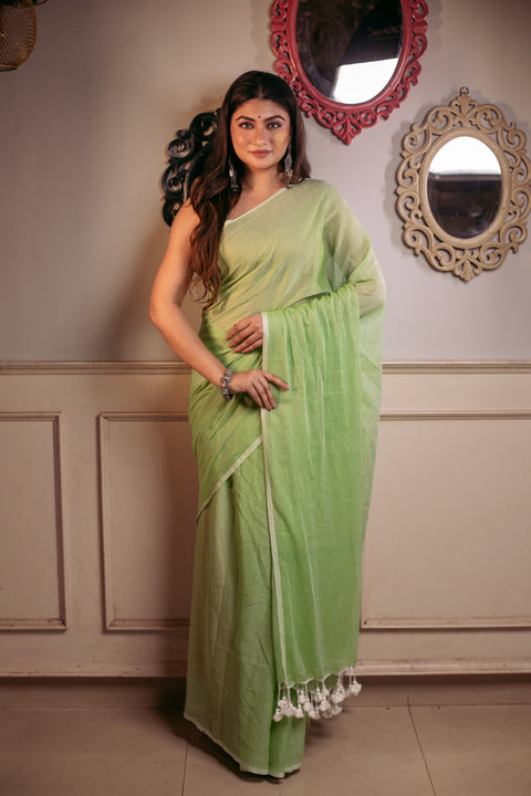 Mulmul Cotton Saree - Green Color