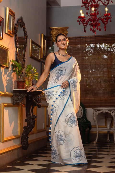 Mulmul Cotton Saree with Floral Print and Running Blouse - White Colour