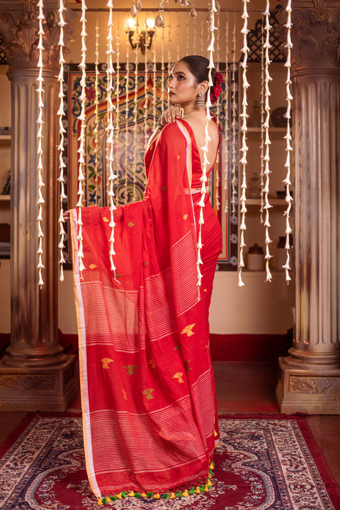 MulMul Cotton Jamdani Saree with Running Blouse - Red Color