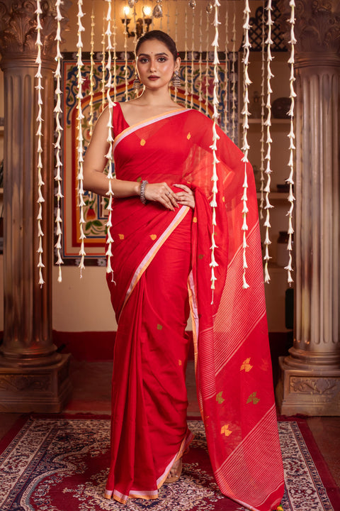 MulMul Cotton Jamdani Saree with Running Blouse - Red Color