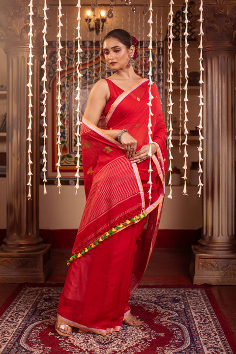 MulMul Cotton Jamdani Saree with Running Blouse - Red Color