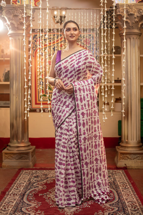 Mulmul Cotton Saree with Fish Print All Over Saree - White and Purple Color Combination