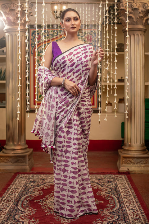 Mulmul Cotton Saree with Fish Print All Over Saree - White and Purple Color Combination