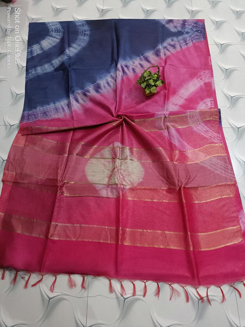 Premium Semi Tussar Silk Shibori Dye Saree - Pink And Navy Blue Combination