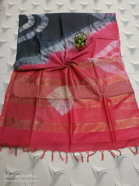 Premium Semi Tussar Silk Shibori Dye Saree - Pink And Grey Combination