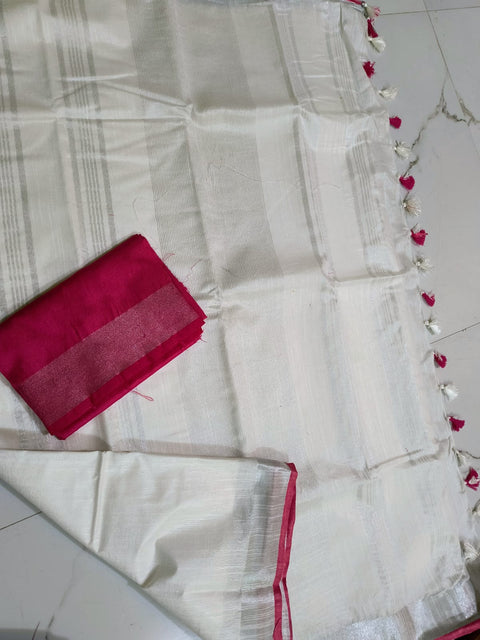 Linen Cotton Plain Saree - White and Pink Color