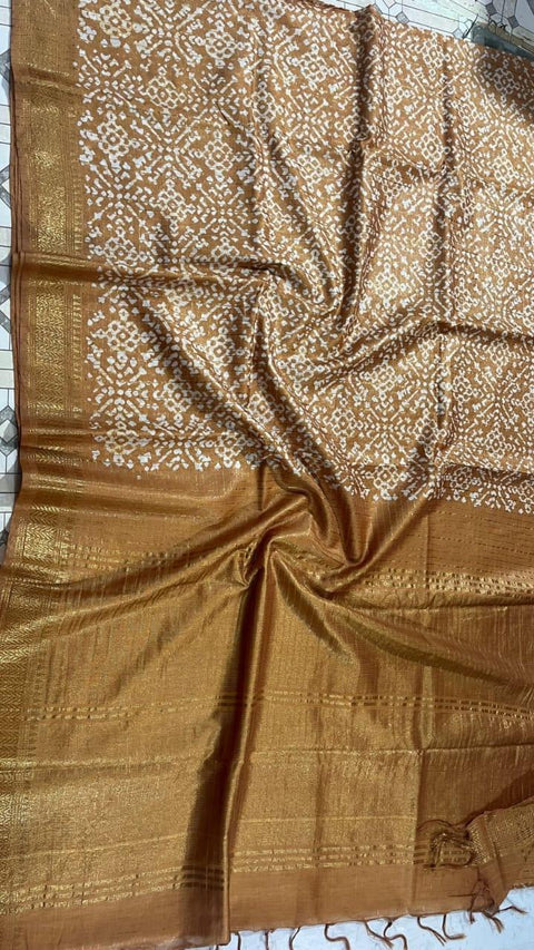 Ajrak Batik Printed Mangalgiri Semi Silk Saree - Beige - Trend In Need