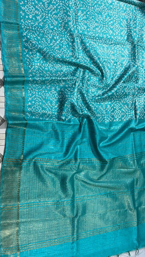 Ajrak Batik Printed Mangalgiri Semi Silk Saree - Blue - Trend In Need