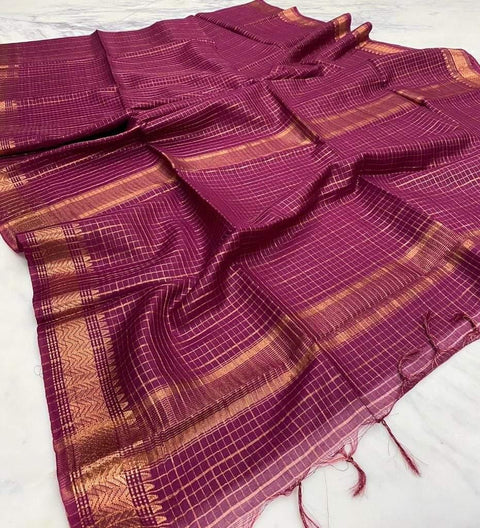 Bhagalpuri Maheshwari Cotton Silk Mini Checks Zari Woven Saree - Rani Pink - Trend In Need