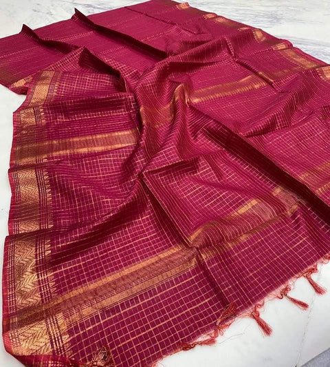 Bhagalpuri Maheshwari Cotton Silk Mini Checks Zari Woven Saree - Red - Trend In Need